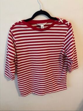 Women’s Red and White Striped Short Sleeve Top with Lace-Up Shoulders